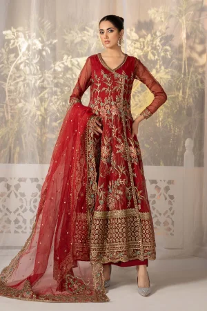 3 Piece Embroidered Organza Suit Sf Ef24 19 Red
